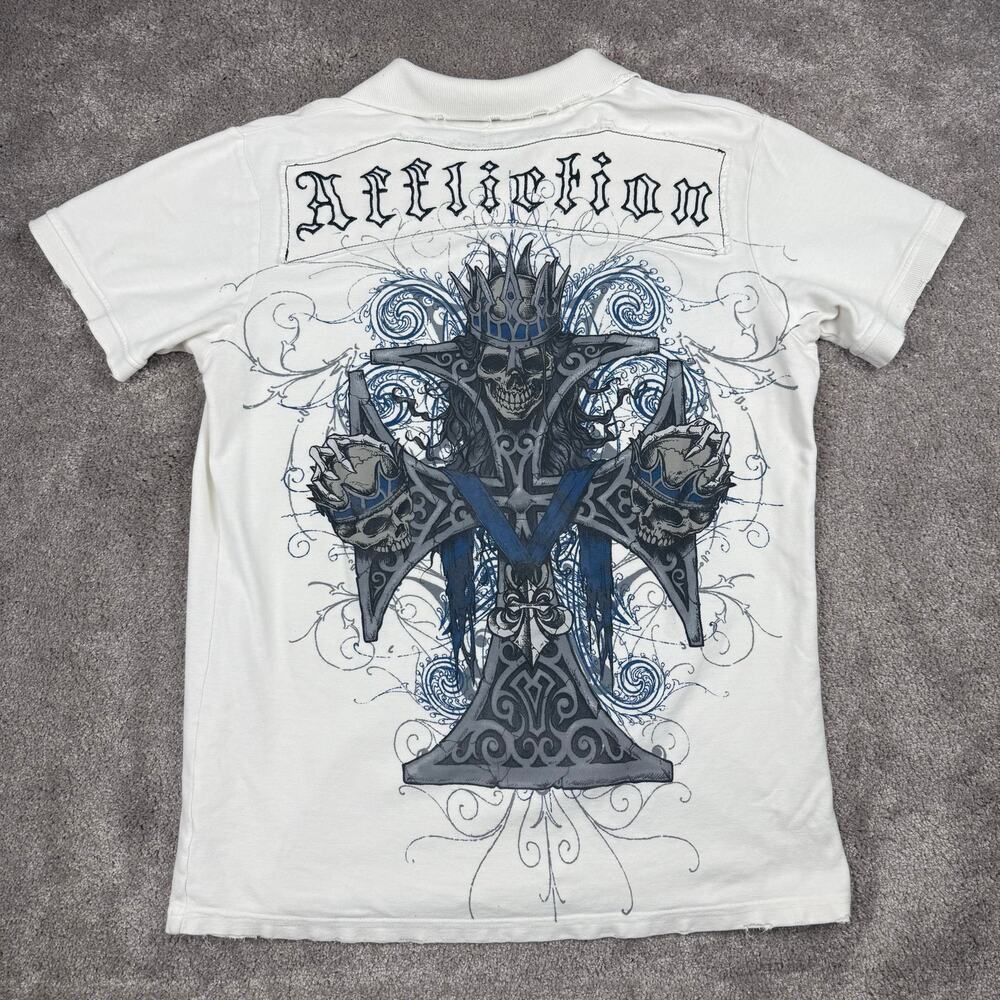 Vtg Affliction Skulls Cross Graphic Polo Shirt White Blue Distressed Size L